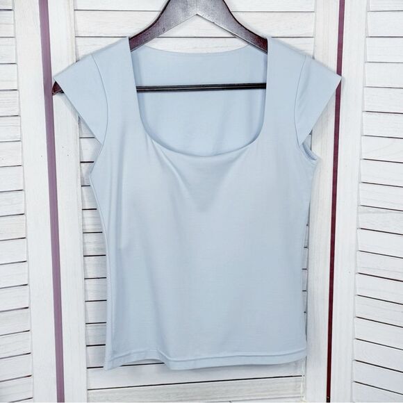 OGL Stretch Square Neck Cap Sleeve Athleisure Top Powder Blue Small - Picture 6 of 11